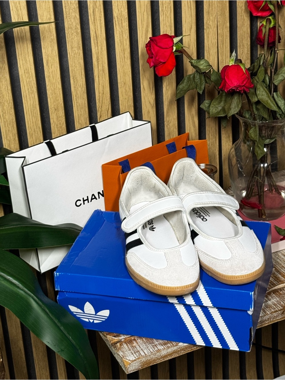 adidas White Mary Jane Flats with Black Stripes